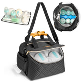 CarryWise wearable pump bag open compartment showing six bottles for on-the-go pumping
