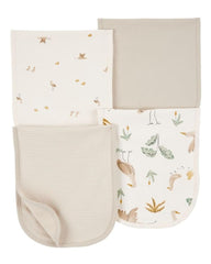 Carter's four-pack burp cloths with neutral prints, easy-care and great for messes at home.