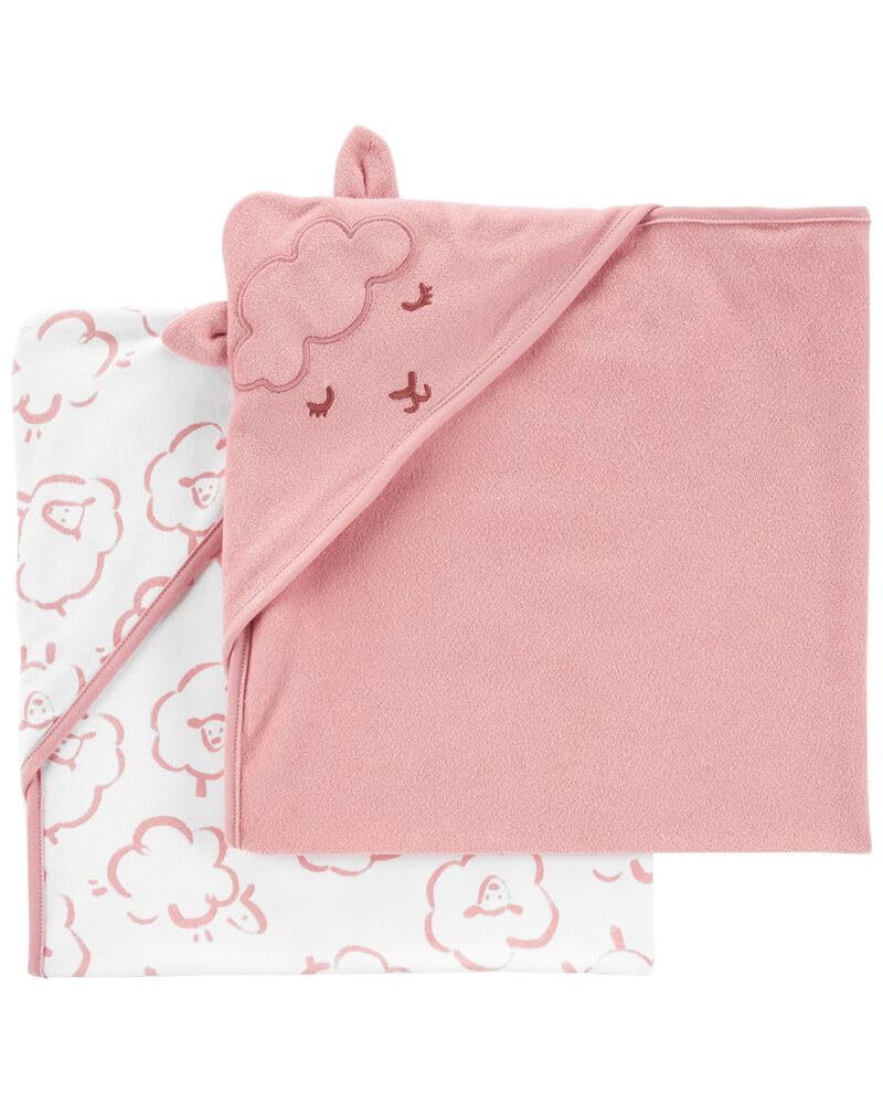 Carter's baby hooded towel pink-white two-pack, soft cotton for cozy post-bath snuggles.