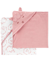 Carter's baby hooded towel pink-white two-pack, soft cotton for cozy post-bath snuggles.