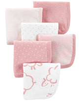 Carter's pink washcloths 6-pack folded neatly for gentle face cleansing and daily routines.
