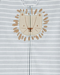 Carter's blue lion sleep bag showing safety tab away from baby's face