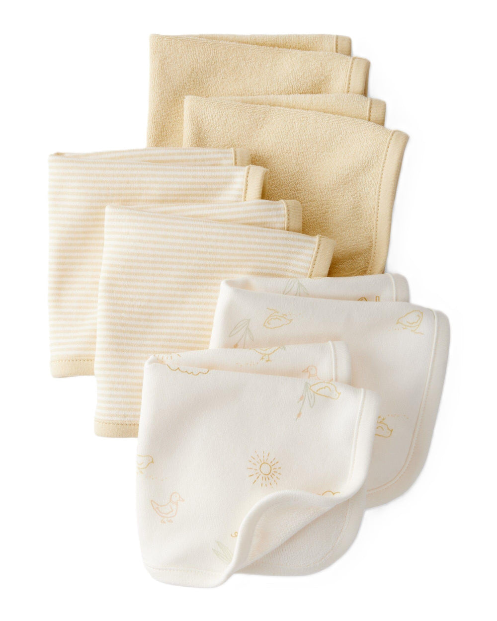 Carter's 6-pack washcloths flatlay in ivory and yellow for gentle daily cleanups