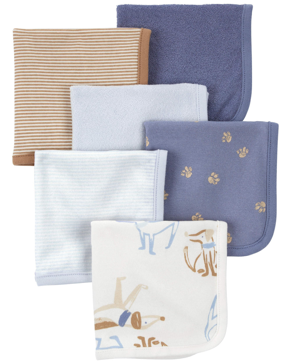 Carter's washcloths blue and ivory 6-pack, soft, absorbent for baby's bath time.