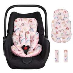 CARUILI infant car seat insert pink rainbow offers gentle head support for comfy rides.