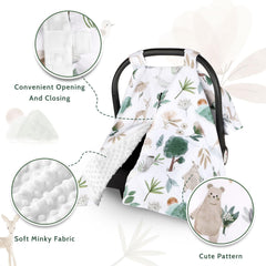 CARUILI Minky car seat cover easily installs with adjustable Velcro straps.