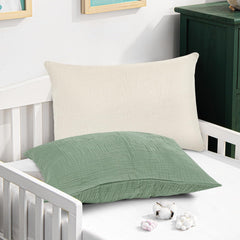 CARUILI muslin toddler pillowcase green closeup emphasizes breathable fabric for nap-time comfort