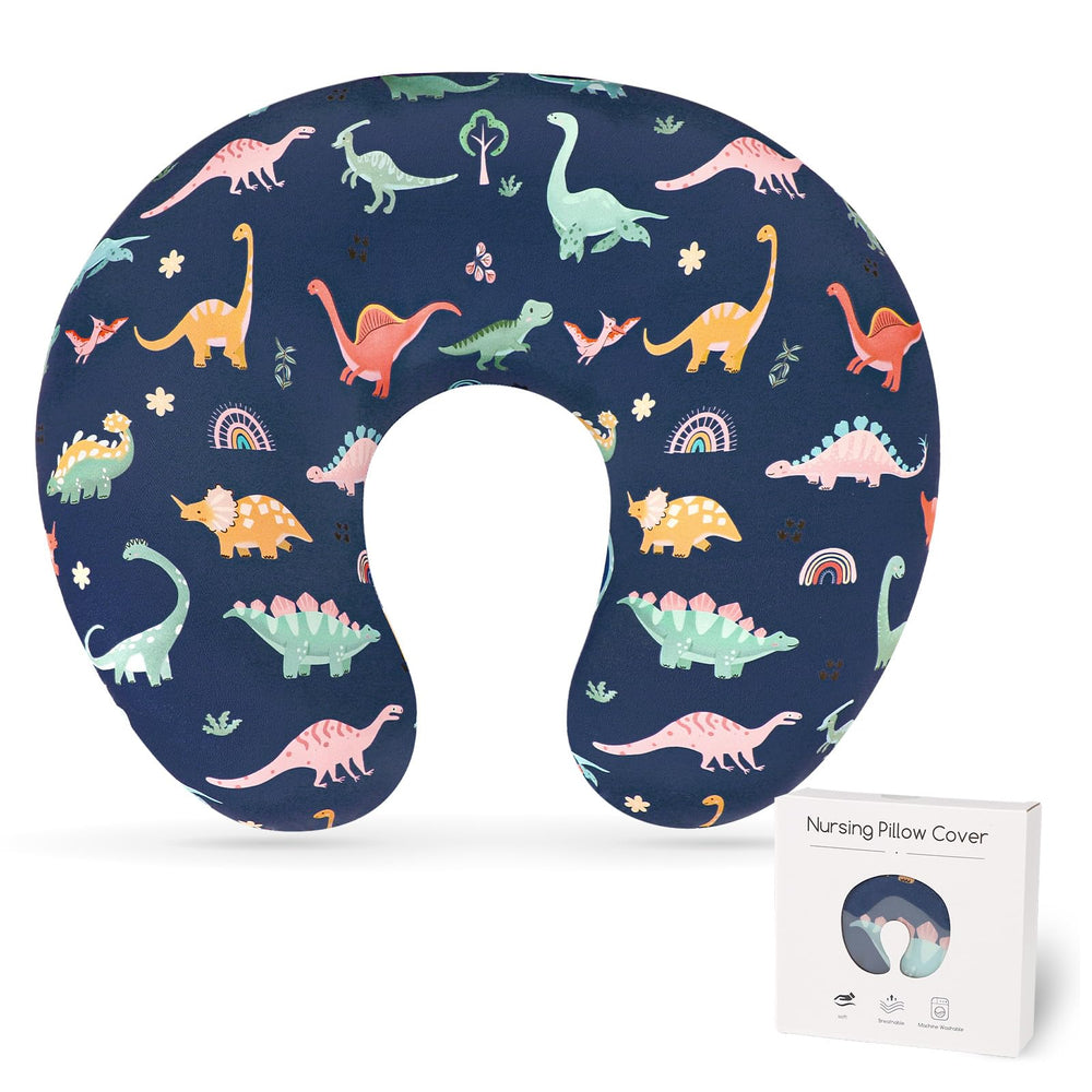CARUILI nursing pillow cover blue dinosaur close-up fabric showcases smooth, breathable texture for baby comfort.