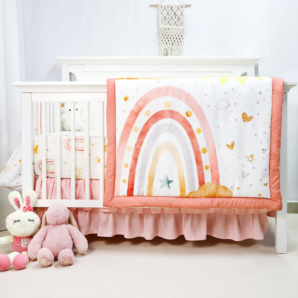 CARUILI pink rainbow comforter for girls—soft warmth and cozy nursery charm.