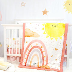 CARUILI pink rainbow fitted sheet—secure, stretchy fit for peaceful naps.