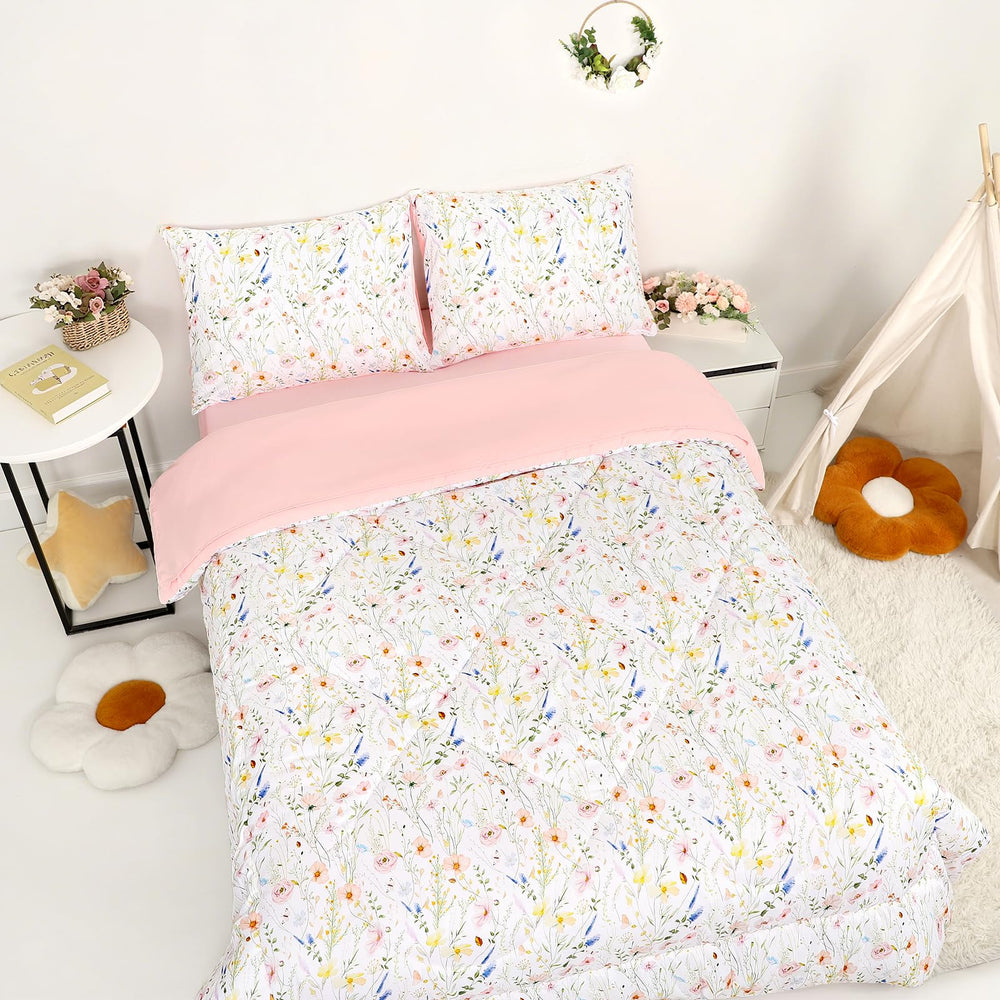 CARUILI twin bedding comforter closeup shows soft microfiber and pink floral design for cozy bedtimes