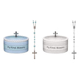 Cascade Goods my first rosary box white blue; cover open for keepsake.