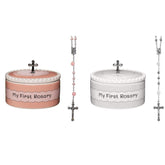 Cascade Goods My First Rosary and Keepsake Box Set in white and pink, close-up of beads for keepsake.