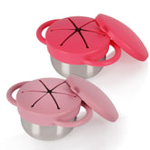 Casremee snack cups 12oz two-pack for toddlers with easy-grip handles during meals.