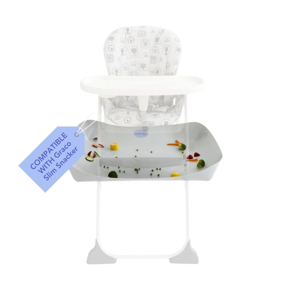 Catchy food catcher on Graco Slim Snacker captures mess during meals, preventing spills
