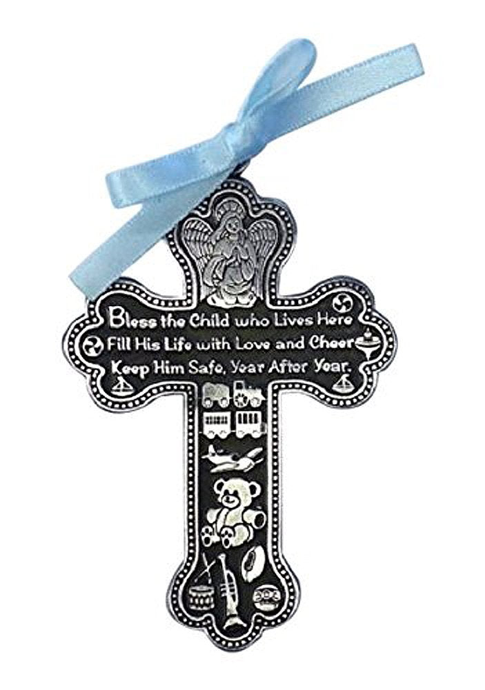 Cathedral Art CM6 cross crib medal with blue satin ribbon, a nursery keepsake for blessings.