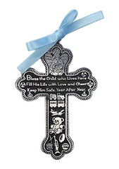 Cathedral Art CM6 cross crib medal with blue satin ribbon, a nursery keepsake for blessings.