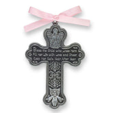 Cathedral Art CM7 cross crib medal closeup with silver finish and blessing text.
