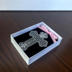 Cathedral Art CM7 cross crib medal guardian angel detail on cast metal.