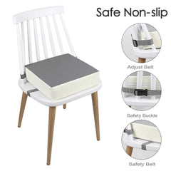 CAVWVTYU booster seat at dining table, grey front view, easy cleaning.