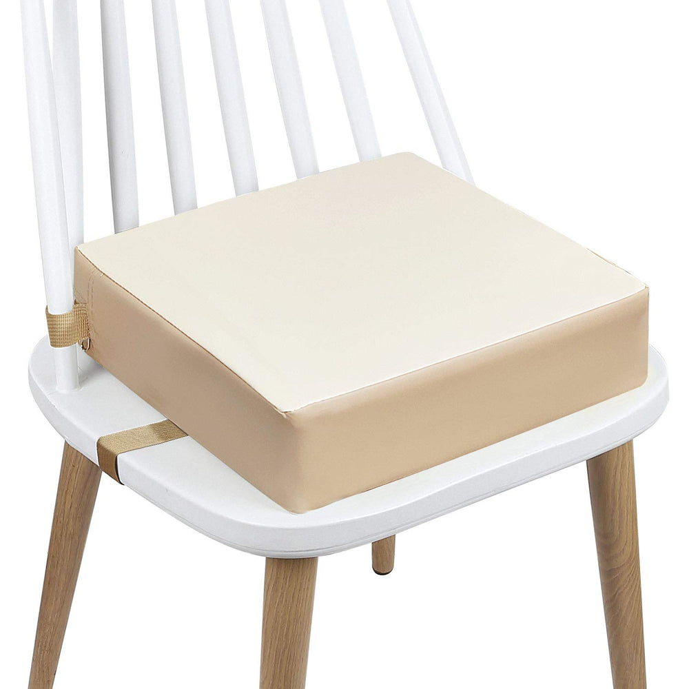 CAVWVTYU toddler booster seat with beige PU cover; easy-clean, durable dining comfort.