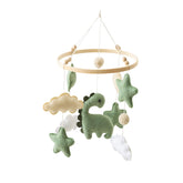 Ceecolia soft-green-dinosaur-mobile with clouds promotes calm crib viewing.