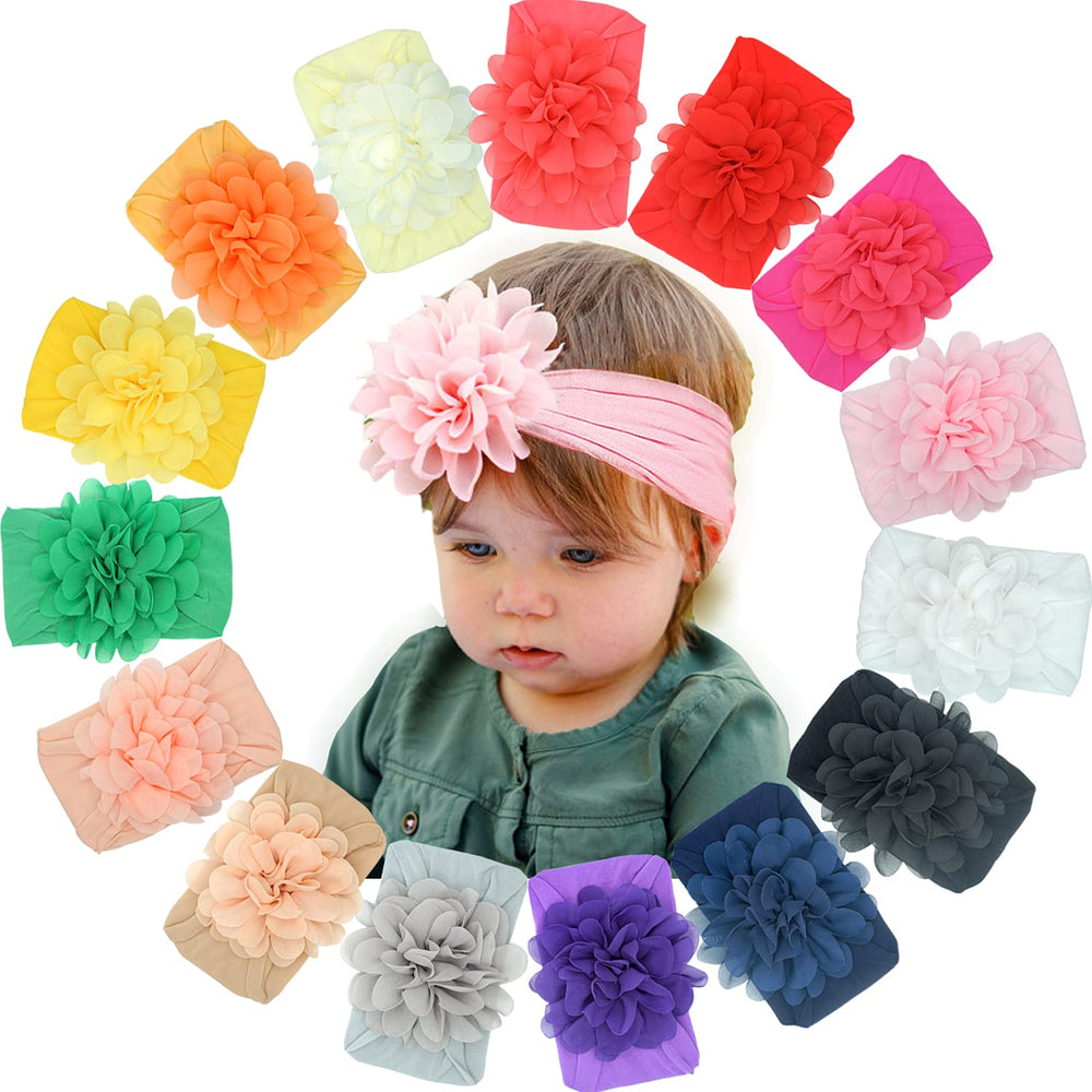 Celllot 15-piece baby headbands set with tulle bows, soft nylon base, perfect for daily wear.