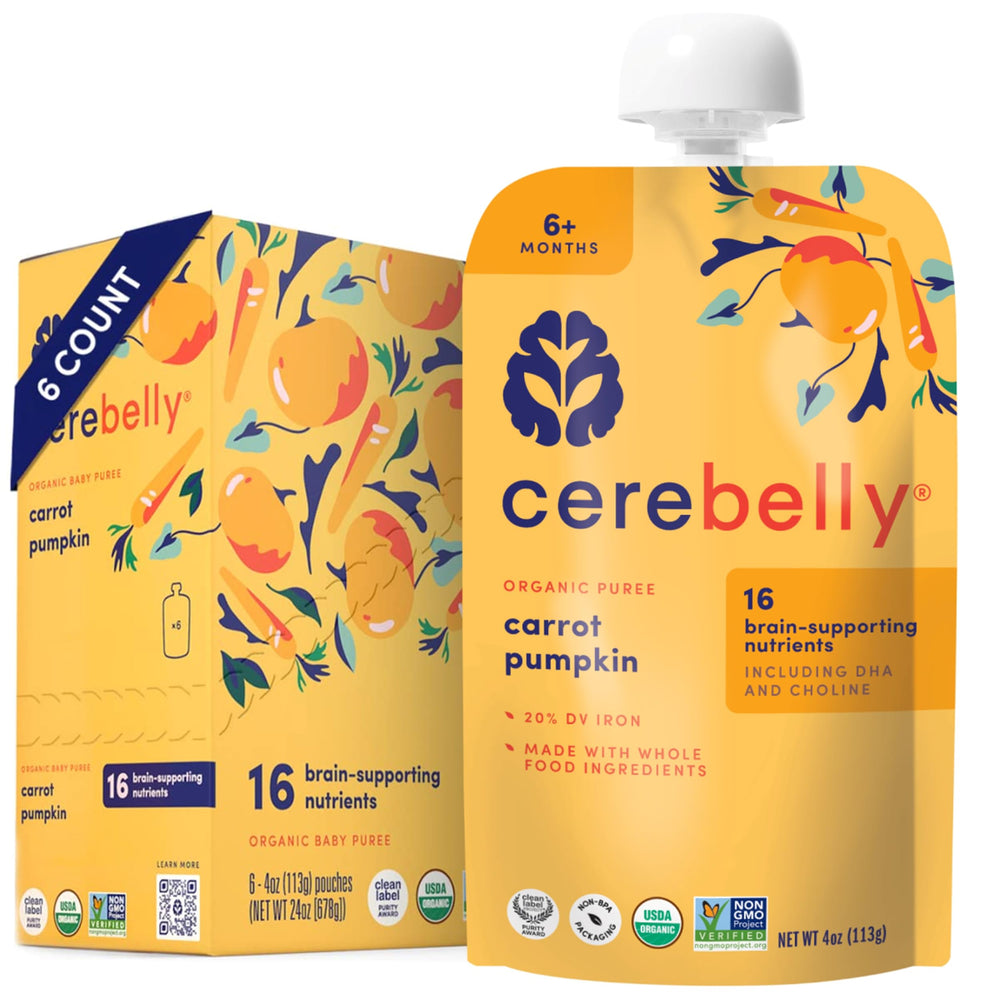 Cerebelly carrot-pumpkin pouch packaging highlighting organic ingredients for growing brains.
