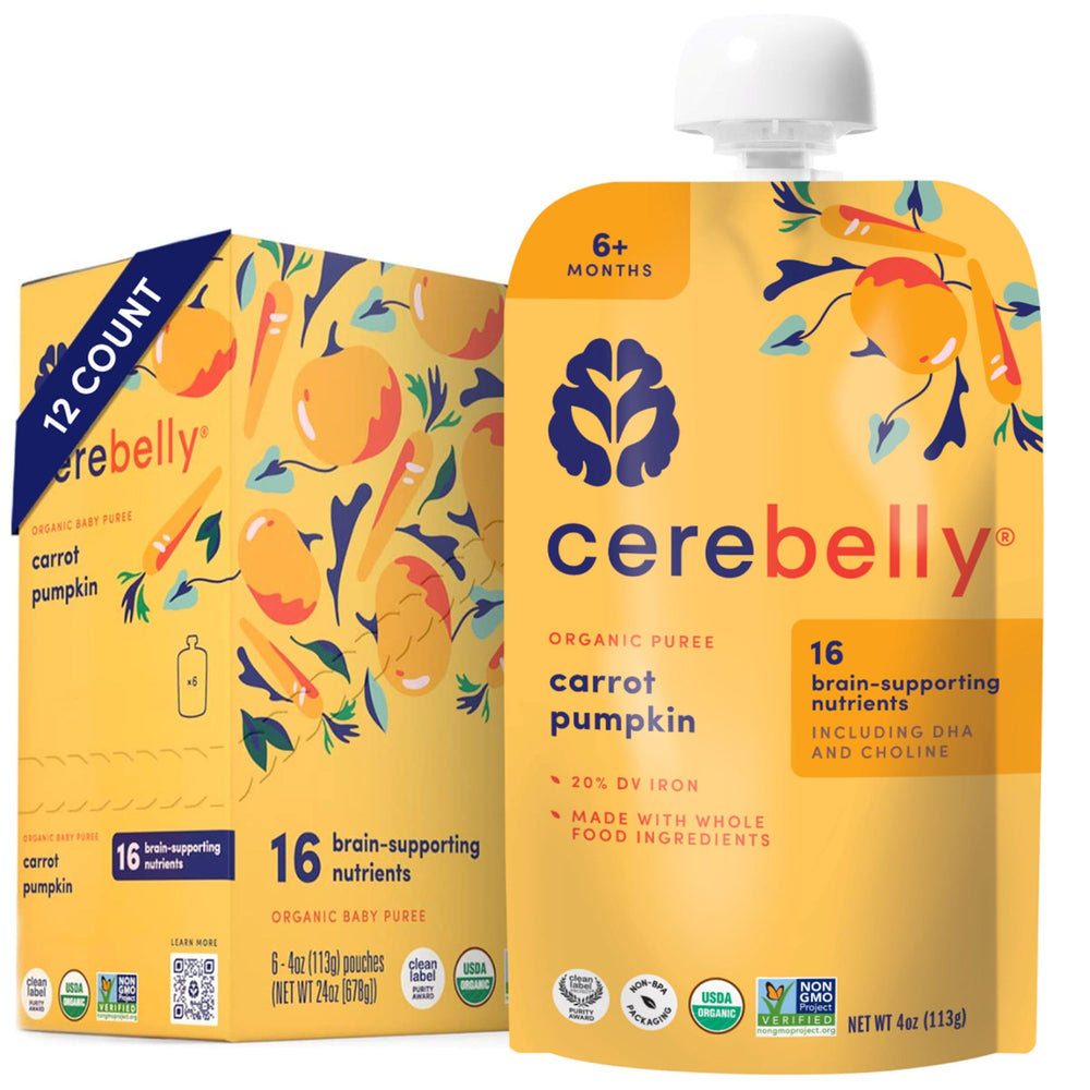 Cerebelly carrot-pumpkin pouch with organic ingredients for brain-friendly nutrition.