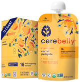 Cerebelly carrot-pumpkin pouch with organic ingredients for brain-friendly nutrition.