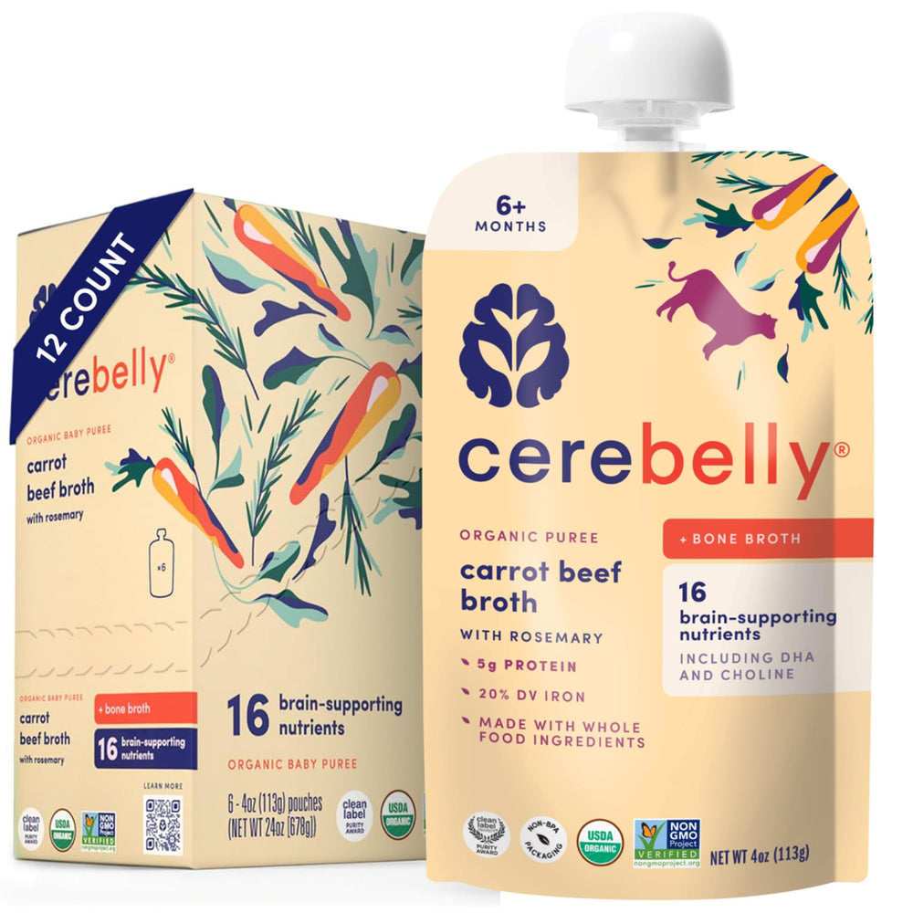 Cerebelly organic pouch front view highlighting brain-supporting nutrition for on-the-go meals.