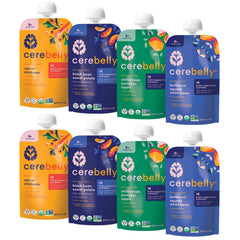 Cerebelly Organic Baby Food Pouches Variety Pack close-up showing on-the-go nutrition for babies.