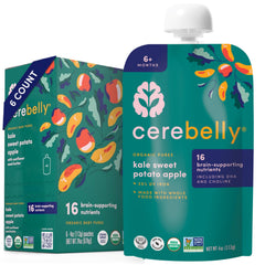 Cerebelly pouch with kale-sweet-potato-apple puree for on-the-go nutrition.
