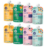 Cerebelly pouches variety pack shown with pour for on-the-go meals