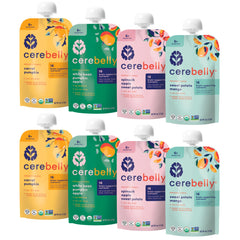 Cerebelly pouches variety pack shown with pour for on-the-go meals