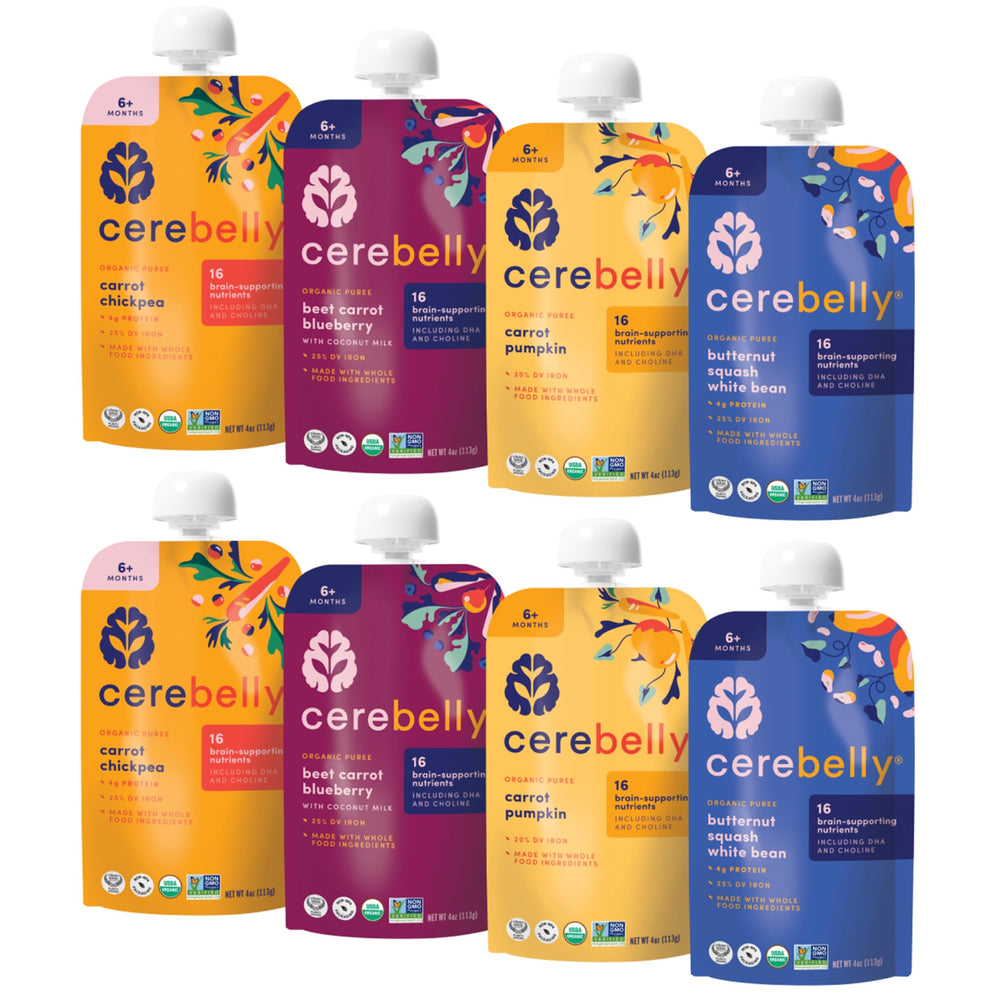 Cerebelly Rainbow Roots puree label close-up highlighting organic ingredients for on-the-go nutrition