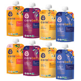 Cerebelly Rainbow Roots puree label close-up highlighting organic ingredients for on-the-go nutrition