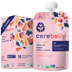 Cerebelly spinach-apple-sweet-potato pouches pack front for on-the-go nutrition.