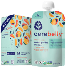 Cerebelly sweet potato mango pouch packshot highlights convenient baby nutrition on the go.