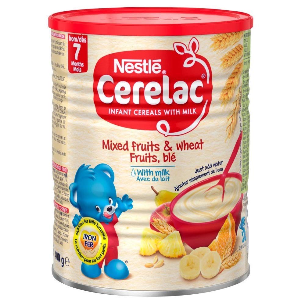 Cerelac Mixed Fruits & Wheat with Milk jar showing ready-to-prepare infant nutrition.