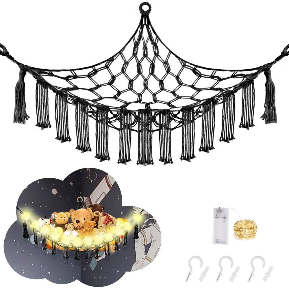 CERETIA stuffed animal hammock corner installation showcases space-saving toy storage for kids rooms.
