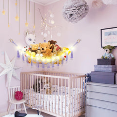 CERETIA corner-hanging setup maximizes space while keeping plush toys neatly visible.