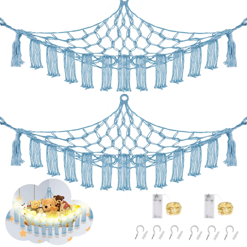 CERETIA stuffed animal hammock closeup shows durable macrame and LED glow for night time ambience