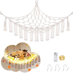 CERETIA stuffed animal hammock installed in a corner with LED light for cozy storage.