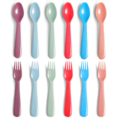 ChaLeeMoo 12pcs colorful kids utensils set with bright forks and spoons for lunches.