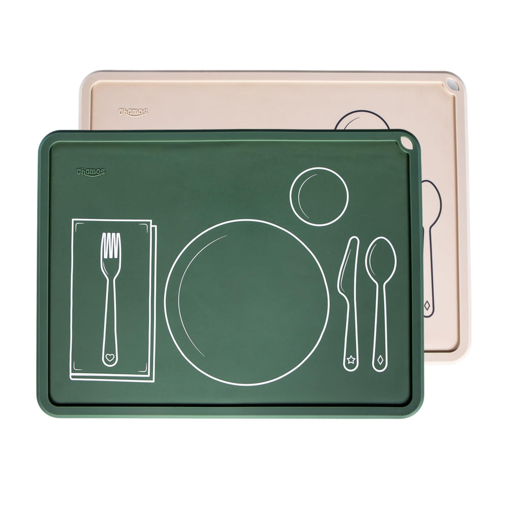 Chamos Montessori placemat sage flatlay supports independent eating with a spacious silicone surface.