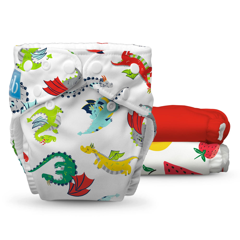 Charlie Banana Dragon Feast diaper close-up highlighting soft fleece against baby skin