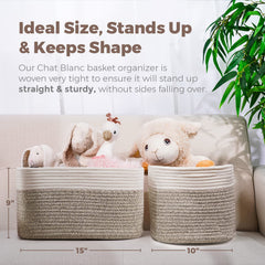 CHAT BLANC cotton rope living room basket on shelf provides warm, decorative storage.