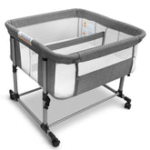 Cheermomo twin bassinet side view showing compact bedside setup for twins