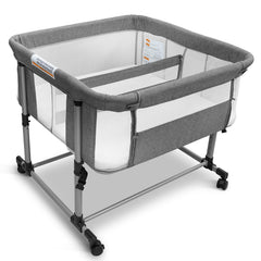 Cheermomo twin bassinet side view showing compact bedside setup for twins
